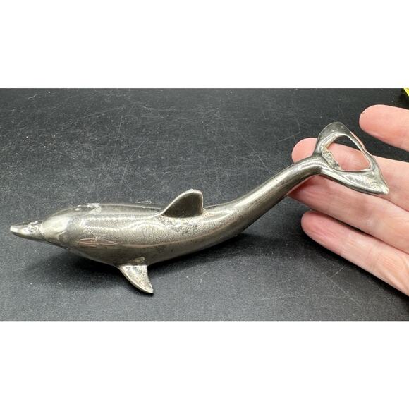 Vintage 1960’s MCM Dolphin Bottle Opener Silverplate Matte 2-Way Bar Tool -S1L - Picture 1 of 9
